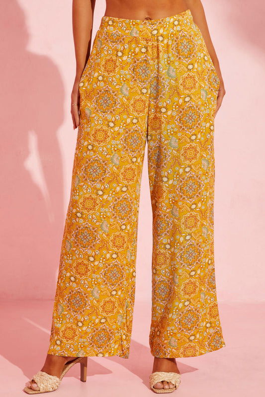 Yellow Bohemian Print Pocketed Wide Leg Pants Bottoms JT's Designer Fashion