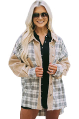 Khaki Distressed Raw Edge Plaid Patchwork Denim Jacket Denim jackets JT's Designer Fashion