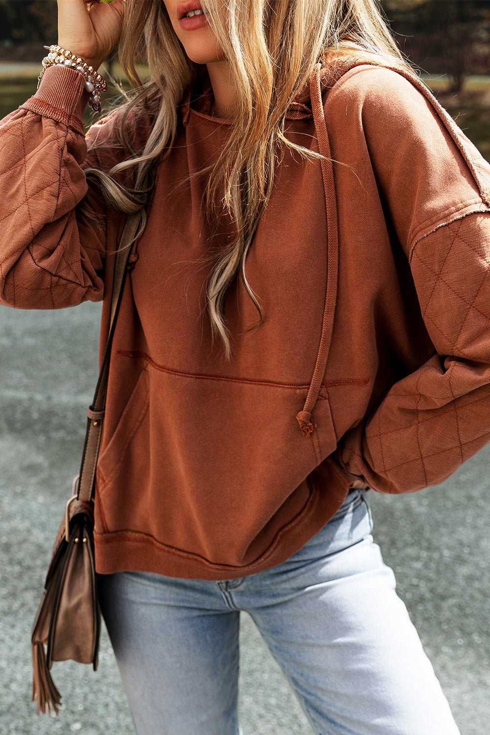 Chestnut Quilted Patchwork Exposed Seam Hoodie Sweatshirts & Hoodies JT's Designer Fashion