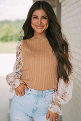 Sheepskin Floral Patchwork Ruffled Cuff Cable Knit Sweater Sweaters & Cardigans JT's Designer Fashion