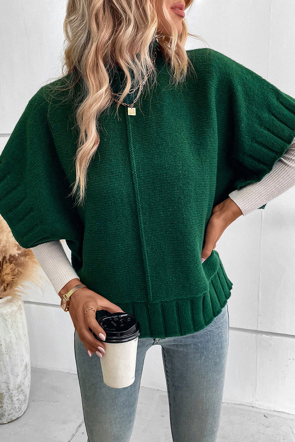 Blackish Green Mock Neck Batwing Sleeve Knit Sweater Sweaters & Cardigans JT's Designer Fashion