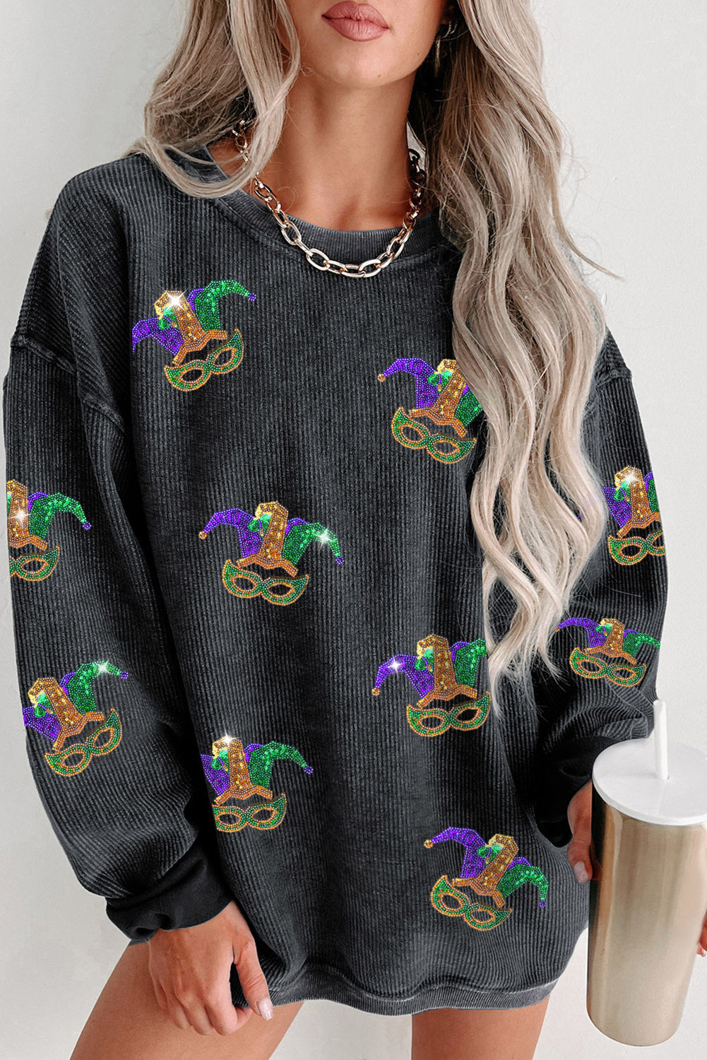 Black Mardi Gras Sequined Fleur De Lis Pattern Corded Sweatshirt Black 100%Polyester Graphic Sweatshirts JT's Designer Fashion