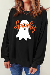 Black Halloween Spooky Ghost Print Crewneck Pullover Sweatshirt Graphic Sweatshirts JT's Designer Fashion