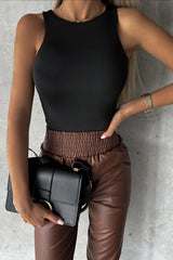 Brown Smocked High-Waist Leather Skinny Pants Bottoms JT's Designer Fashion