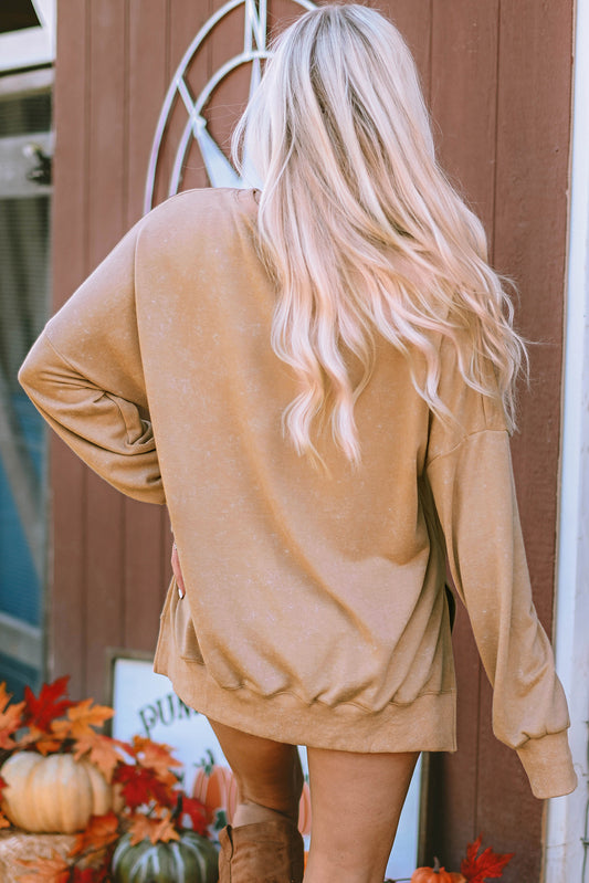 Khaki HOWDY FALL Pumpkin Print Split Hem Sweatshirt Graphic Sweatshirts JT's Designer Fashion