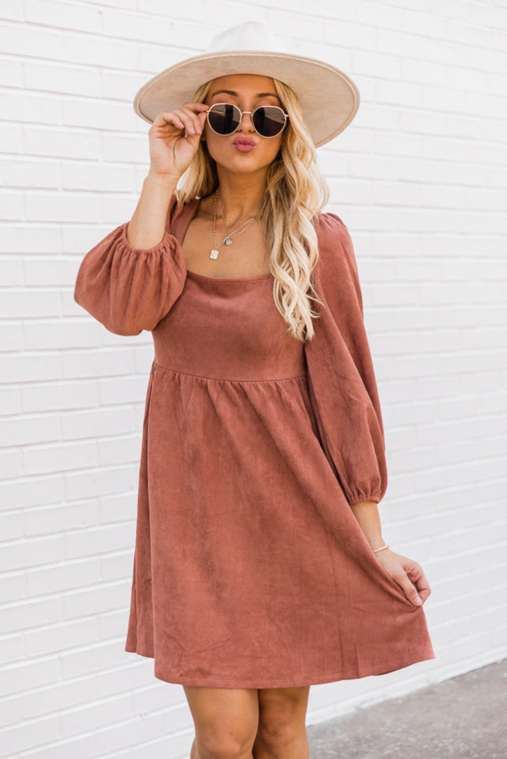 Brown Suede Square Neck Flared Dress Dresses JT's Designer Fashion