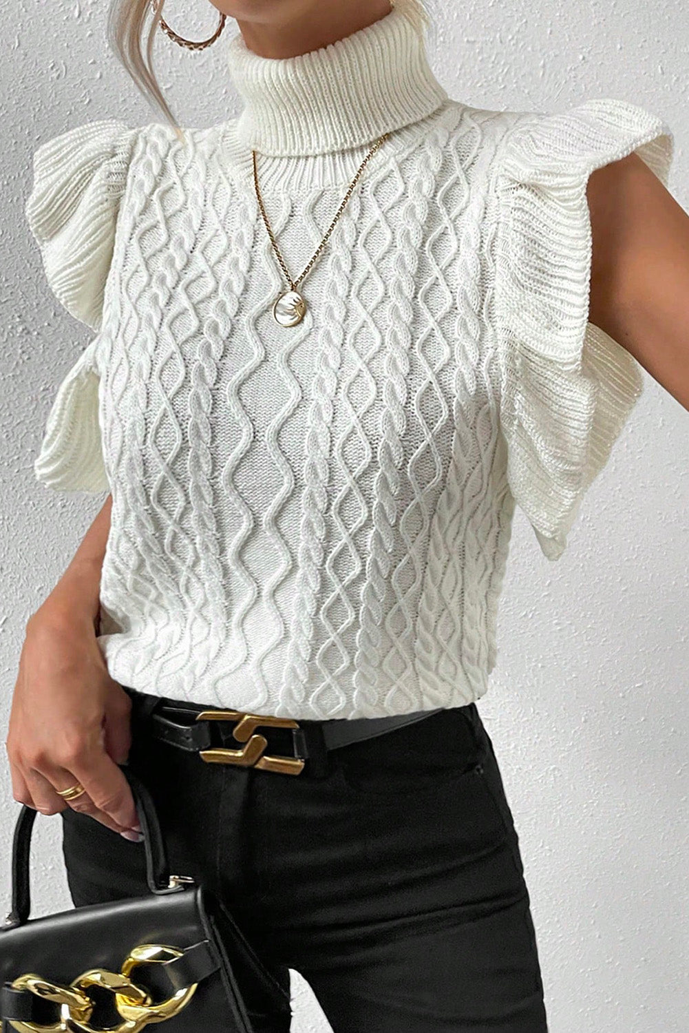 Bright White Cable Knit Ruffled Short Sleeve Turtle Neck Sweater Sweaters & Cardigans JT's Designer Fashion