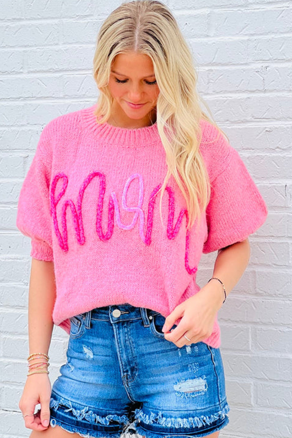 Bonbon Mom Corded Graphic Short Sleeve Sweater Sweaters & Cardigans JT's Designer Fashion