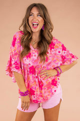 Rose Floral Print Ruffled Half Sleeve V Neck Babydoll Blouse Plus Size JT's Designer Fashion