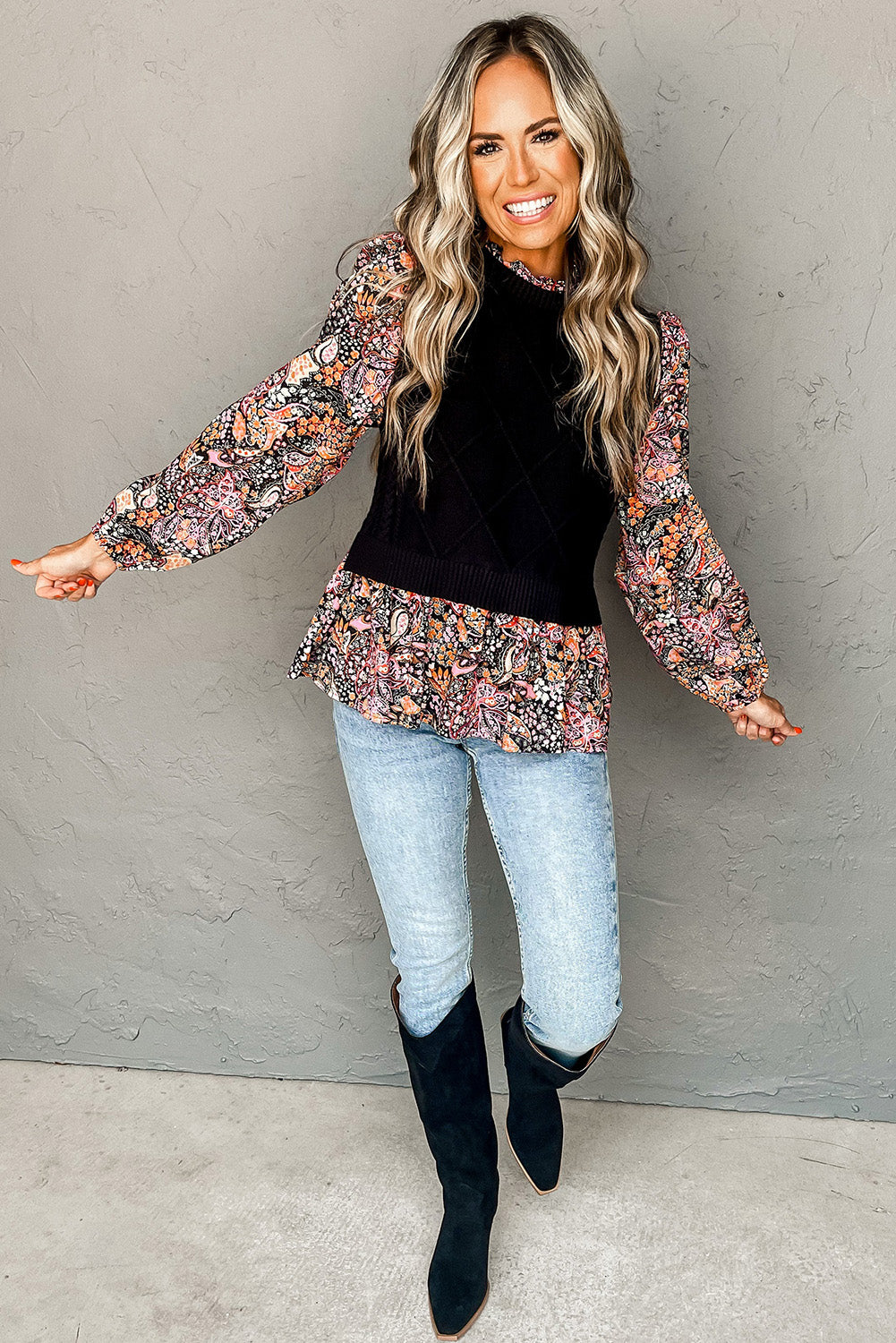Black Cable Knit Contrast Floral Sleeve Peplum Sweater Sweaters & Cardigans JT's Designer Fashion