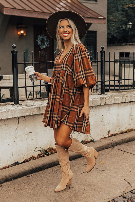 Brown Plaid Pattern Frilled Shoulder Empire Waist Babydoll Dress Dresses JT's Designer Fashion