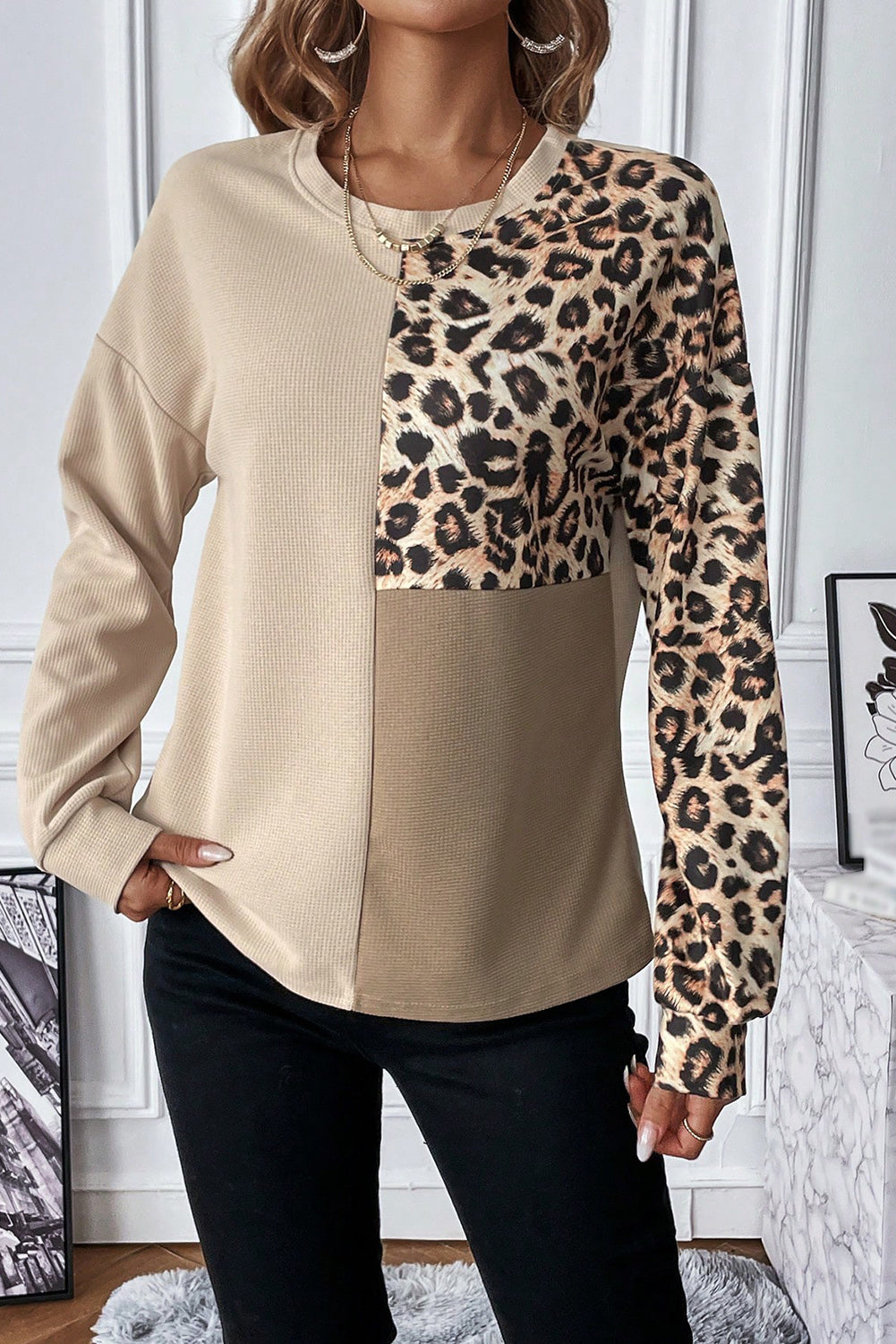 Pale Khaki Leopard Colorblock Waffle Knit Top Sweatshirts & Hoodies JT's Designer Fashion