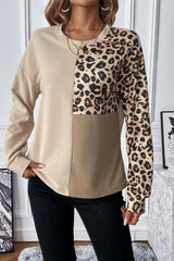 Pale Khaki Leopard Colorblock Waffle Knit Top Sweatshirts & Hoodies JT's Designer Fashion