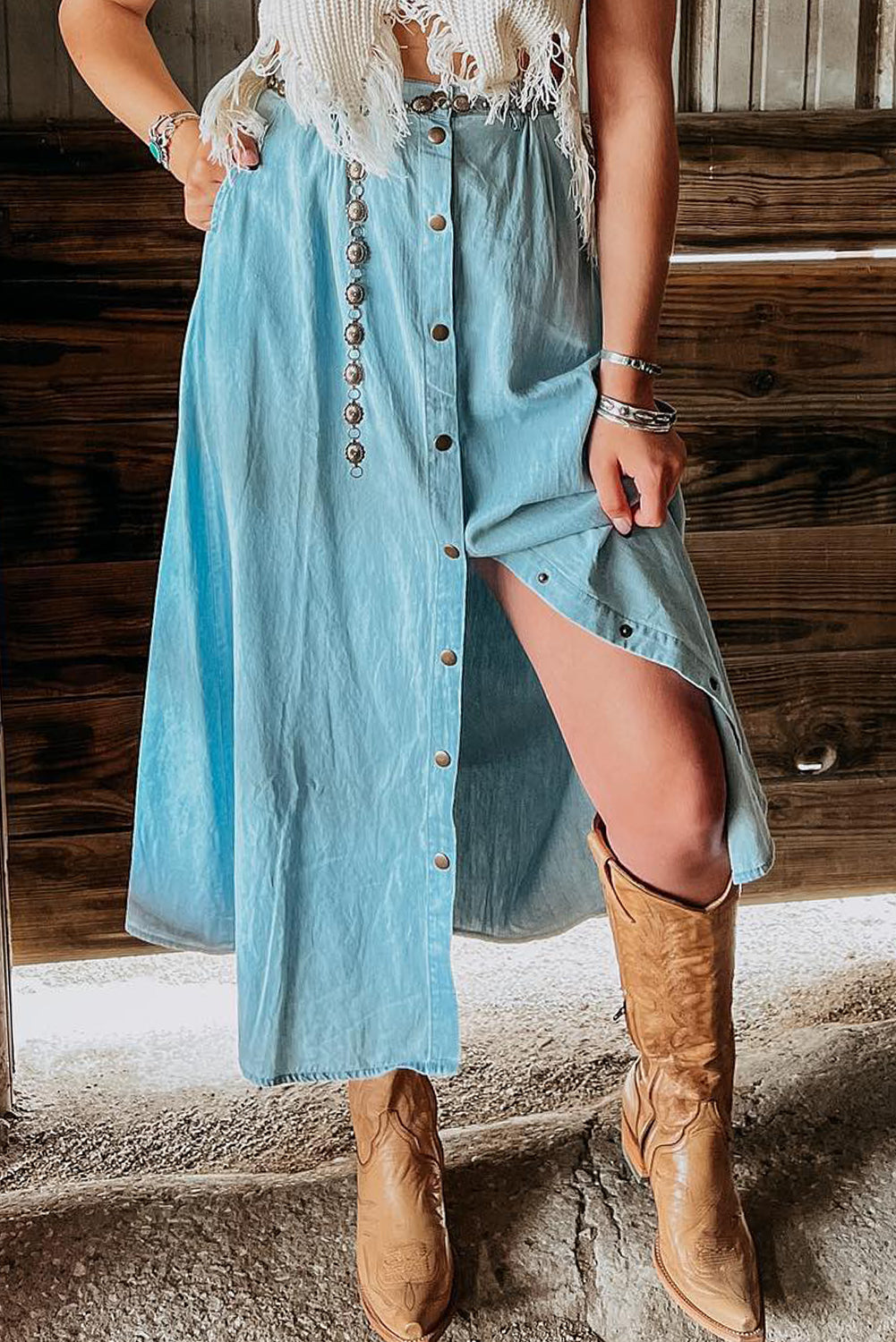 Mist Blue Fully Buttoned Long Denim Skirt Bottoms JT's Designer Fashion