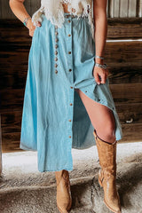Mist Blue Fully Buttoned Long Denim Skirt Bottoms JT's Designer Fashion